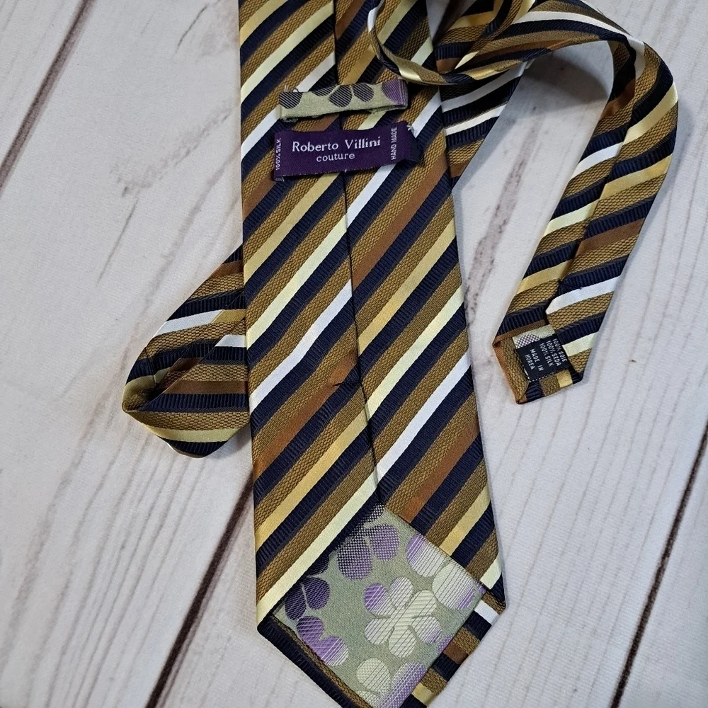 Roberto Villini Couture Gold and Brown Striped Silk Tie